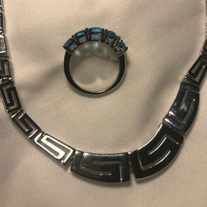 1970s ornate silver tone box chain and matching blue topaz silver tone ring.